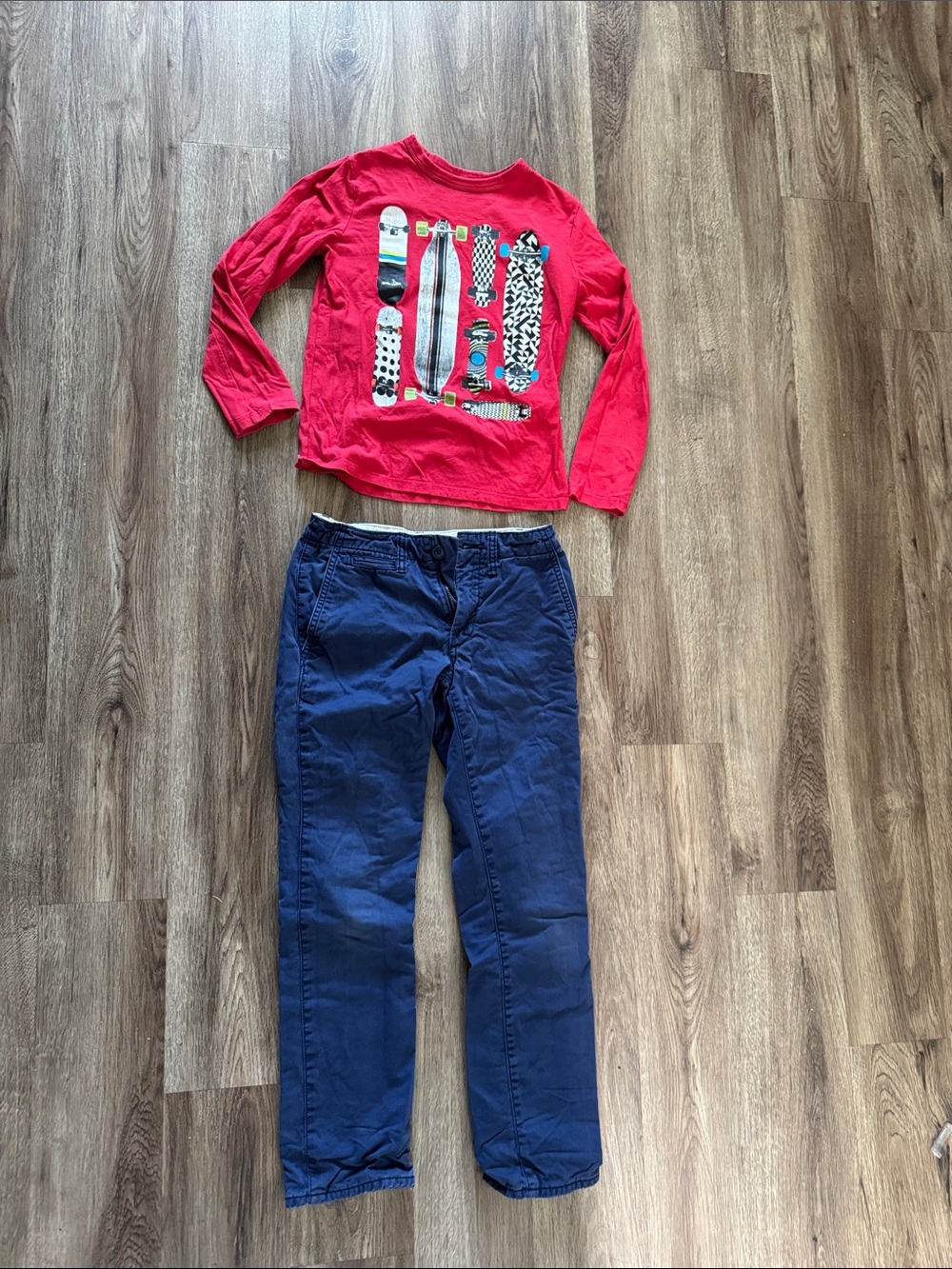 Boys Red Skateboard Graphic Long Sleeve Top with Navy Pants
